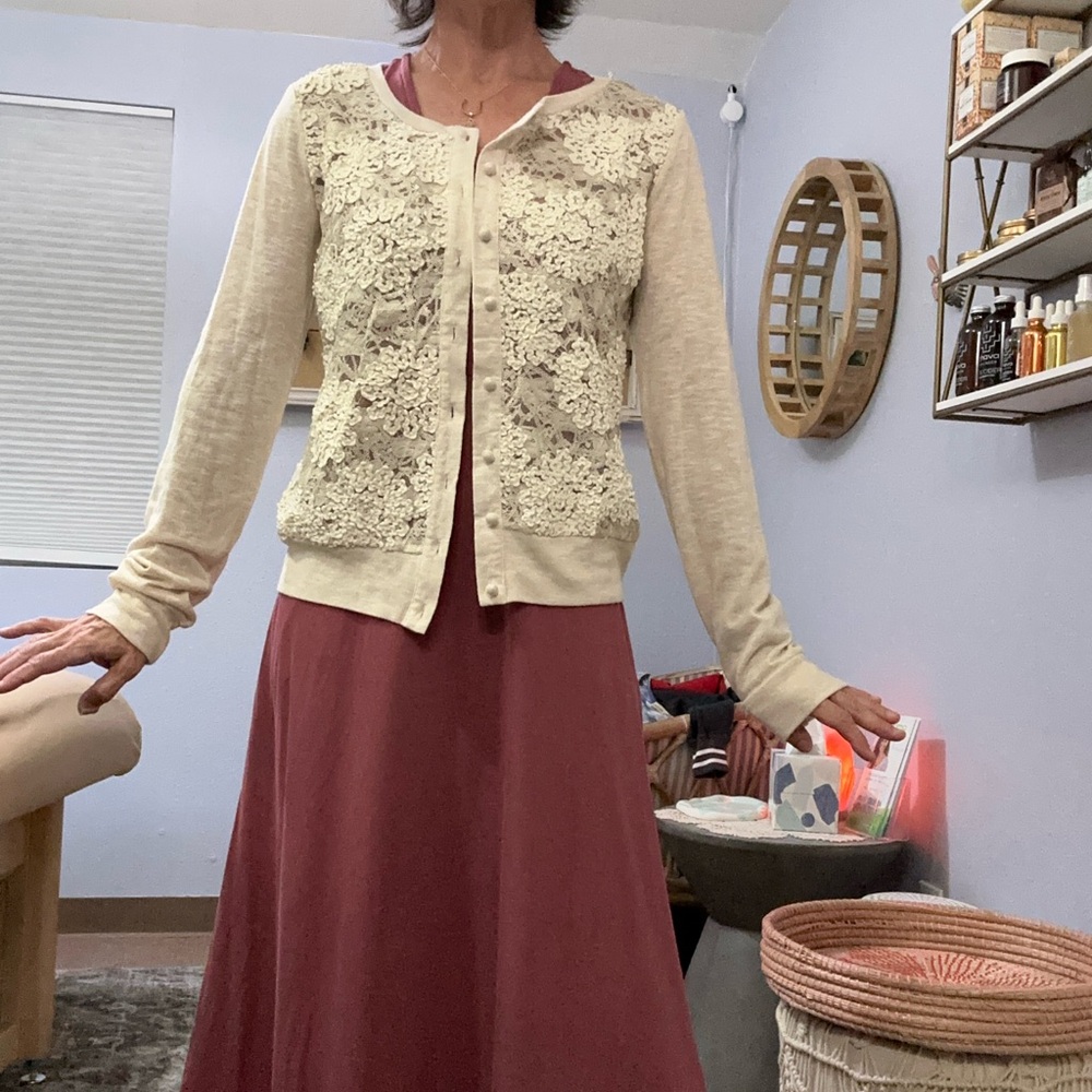 A’reve button up floral embroidered sequin creme cardigan sweater large NWT